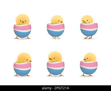 Chicks in lower part of broken Easter eggs with stripes set Stock Vector