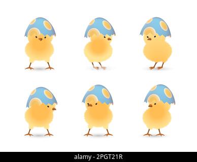 Chicks in upper part of broken Easter eggs with ovals set Stock Vector