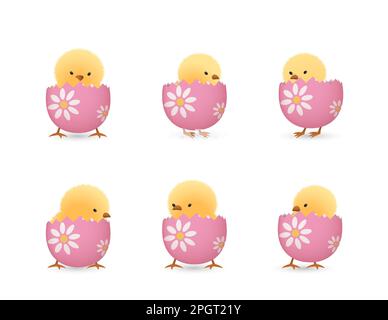 Chicks in lower part of broken Easter eggs with flowers set Stock Vector