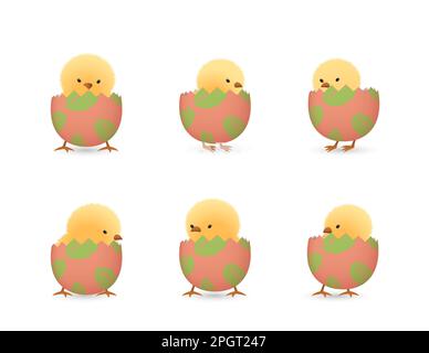 Chicks in lower part of broken Easter eggs with leaves set Stock Vector