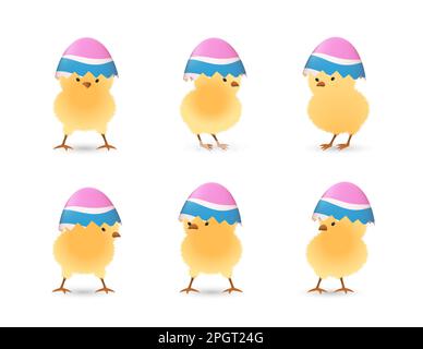 Chicks in upper part of broken Easter eggs with stripes set Stock Vector