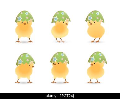 Chicks in upper part of broken Easter eggs with stars set Stock Vector