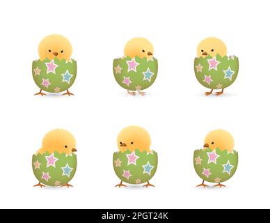 Chicks in lower part of broken Easter eggs with stars set Stock Vector