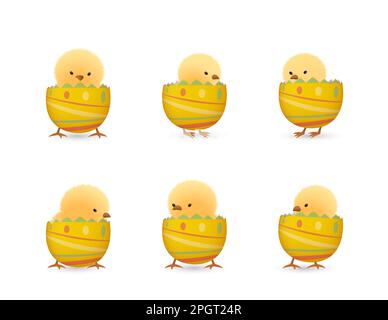 Chicks in lower part of broken Easter eggs with lines set Stock Vector