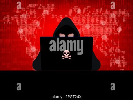 Silhouette of hacker wearing hood using laptop computer with glow in the dark red skull and crossbones logo in dark room on red binary code number wit Stock Vector