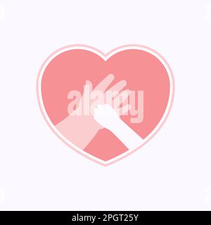 Small paw of cat on hand of kid, in pink heart shaped frame Stock Vector