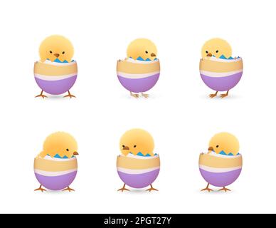 Chicks in lower part of broken Easter eggs with stripes set Stock Vector