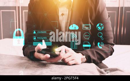 Concept : Cybersecurity Global network security technology,  protect personal information. Encryption with a key icon on the virtual interface. Stock Photo