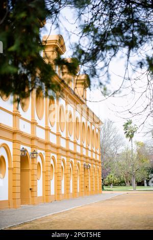 Part of the neoclassical facade of the covered indoor arena of the Royal Andalusian School of Equestrian Art in Jerez, Spain Stock Photo