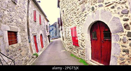 Street Scene, Typical Architecture, Village of Borce, Aspe Valley, Pyréné-Atlantiques,Pyrenees, Nouvelle-Aquitaine Region, France, Europe Stock Photo