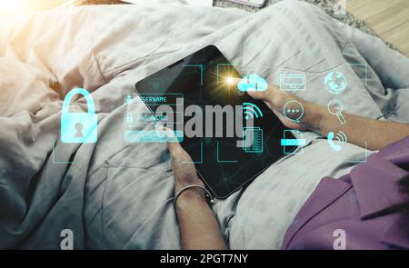 Concept : Cybersecurity Global network security technology,  protect personal information. Encryption with a key icon on the virtual interface. Stock Photo