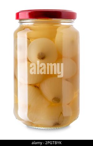 pickled onions in glass jar isolated on white with clipping path included Stock Photo