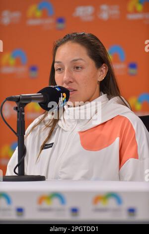 Miami Gardens, USA. 23rd Mar, 2023. MIAMI GARDENS, FLORIDA - MARCH 23: Jessica Pegula (USA) during The conference at The Miami Open presented by Itaú match at Hard Rock Stadium on March 23, 2023 in Miami Gardens, Florida. (Photo by JL/Sipa USA) Credit: Sipa USA/Alamy Live News Stock Photo