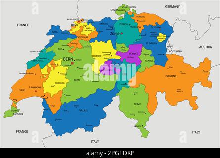 Colorful Political Map Of Switzerland. Administrative Divisions ...