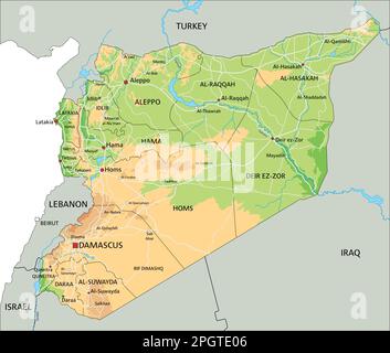 High detailed Syria physical map with labeling. Stock Vector