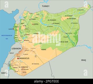 High detailed Syria physical map with labeling. Stock Vector