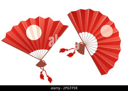 Japan traditional fan, hand accessory with wooden details with fringe in cartoon style isolated on white background. Vector illustration Stock Vector