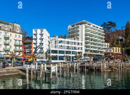 Brunnen, Switzerland - February 20, 2023: Brunnen is a town in the municipality of Ingenbohl and is located on Lake Lucerne in the canton of Schwyz in Stock Photo