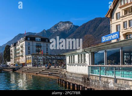 Brunnen, Switzerland - February 20, 2023: Port of Brunnen, a town in the municipality of Ingenbohl, located on Lake Lucerne in the canton of Schwyz in Stock Photo