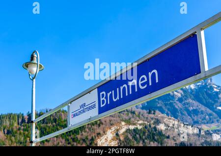 Brunnen, Switzerland - February 20, 2023: Brunnen is a town in the municipality of Ingenbohl and is located on Lake Lucerne in the canton of Schwyz in Stock Photo