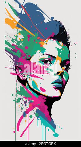 Beautiful woman pop art poster. Vector style portrait of beauty and creative girl. Paint splatter. Stock Vector