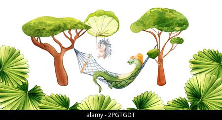 Cartoon lizard in a hat watercolor illustration isolated on white. Animal resting in hammock, palm leaves hand drawn. Design element for print, wallpa Stock Photo