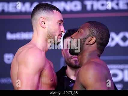 Callum Simpson (left) and Celson Neves during a weigh-in at the Love Factory, Manchester. Picture date: Friday March 24, 2023. Stock Photo