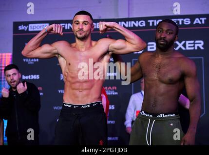 Callum Simpson (left) and Celson Neves during a weigh-in at the Love Factory, Manchester. Picture date: Friday March 24, 2023. Stock Photo