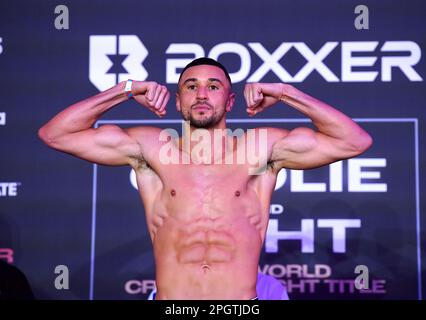 Callum Simpson during a weigh-in at the Love Factory, Manchester. Picture date: Friday March 24, 2023. Stock Photo