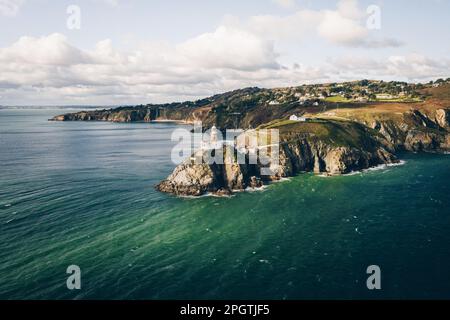 Howth, co. Dublin / Ireland : Aerial view of The Baily Lighthouse on Howth Head. Whole Howth peninsula Stock Photo