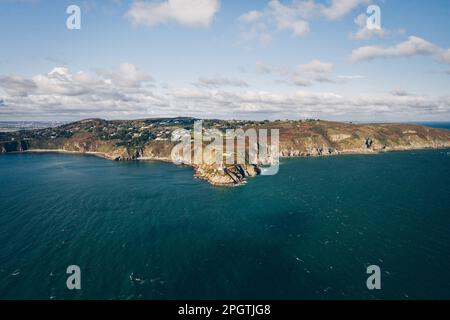 Howth, co. Dublin / Ireland : Aerial view of The Baily Lighthouse on Howth Head. Whole Howth peninsula Stock Photo