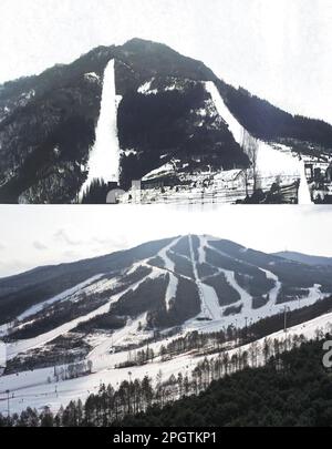 (230324) -- CHANGCHUN, March 24, 2023 (Xinhua) -- This combined photo shows the Jinchang Ski Resort with only two tracks in the past (Top, file) and Wanfeng Ski Resort, transformed from Jinchang Ski Resort, in Tonghua, northeast China's Jilin Province (taken on Feb. 10, 2023 by Xu Chang). With its unique natural conditions, Tonghua, located in the southeastern part of Jilin Province, is one of the first cities in China to promote skiing. Jinchang Ski Resort, built in 1959, is China's first alpine ski resort.Famous for its long snow season and powder snow, Changbai Mountain in Jilin province ha Stock Photo