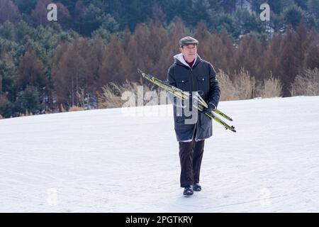 (230324) -- CHANGCHUN, March 24, 2023 (Xinhua) -- Song Chengmin is seen at a newly-established cross-country ski resort in Tonghua, northeast China's Jilin Province on Feb. 10, 2023. With its unique natural conditions, Tonghua, located in the southeastern part of Jilin Province, is one of the first cities in China to promote skiing. Jinchang Ski Resort, built in 1959, is China's first alpine ski resort.Song Chengmin, who specializes in cross-country skiing and won four national skiing gold medals, has witnessed the upgrading of the Jinchang Ski Resort as one of the first-generation skiers in C Stock Photo