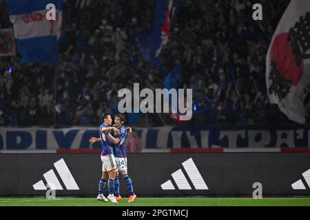 TOKYO, JAPAN - MARCH 24: Takuma Nishimura of Japan celebrates after scoring the team's first goal with Junya Ito of Japan during the International Friendly match between Japan and Uruguay at the National Stadium on March 24, 2023 in Tokyo, Japan (Photo by Pablo Morano/BSR Agency) Stock Photo