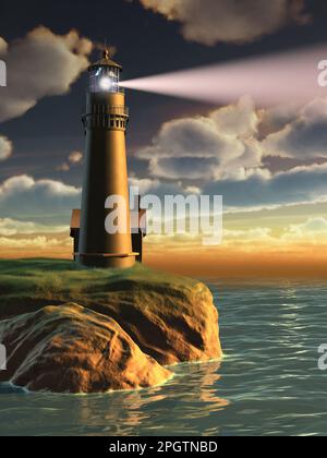 Gorgeous landscape with a lighthouse at sunset. Digital illustration. Stock Photo