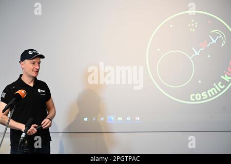 24 March 2023, Bavaria, We§ling: ESA astronaut Matthias Maurer addresses the audience during the final briefing on the 'Cosmic Kiss' mission in the Red Salon at the German Aerospace Center. The 'Cosmic Kiss' mission took Maurer to the International Space Station ISS, where he completed more than 200 experiments and one field mission. Photo: Felix Hörhager/dpa Stock Photo