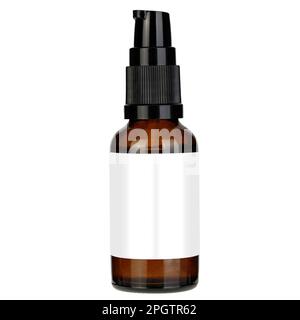 Amber bottle for essential oils and cosmetic products - spray bottle, mockup isolated on white background. Stock Photo