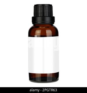 Brown medicine glass bottle isolated over white. Single brown bottle with drug. Medicine bottle of brown glass. Blank white label. Stock Photo
