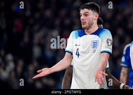 Declan Rice of England gestures during the UEFA EURO2024 European Championship Qualification Group C football match between Italy and England at Diego Stock Photo