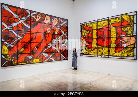 London, UK. 24th Mar, 2023. Gilbert and George ‘THE CORPSING PICTURES', an exhibition of works created in 2022, at White Cube Mason's Yard. Credit: Guy Bell/Alamy Live News Stock Photo