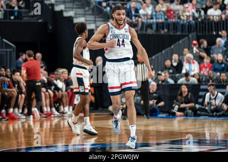 Connecticut Huskies guard Andre Jackson Jr. (44) celebrates after making a three pointer during a NCAA men’s basketball tournament game against the Ar Stock Photo