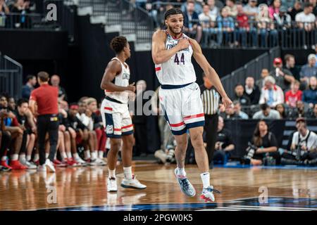 Connecticut Huskies guard Andre Jackson Jr. (44) celebrates after making a three pointer during a NCAA men’s basketball tournament game against the Ar Stock Photo