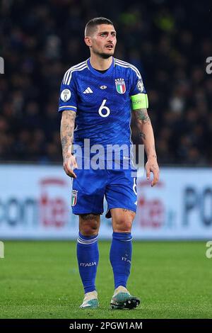 Naples, Italy. 23rd Mar, 2023. Marco Verratti of Italy reacts during the UEFA Euro 2024, European Qualifiers, Group C football match between Italy and England on March 23, 2023 at Stadio Diego Armando Maradona in Naples, Italy - Photo Federico Proietti/DPPI Credit: DPPI Media/Alamy Live News Stock Photo