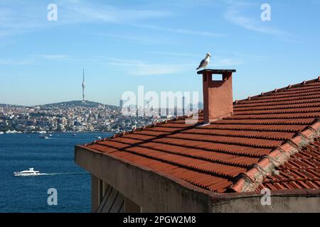 Looking across the Strait of Bosphorus from Cihangir, Beyoglu on the European side to Uskudar on the Asian side of Istanbul, Turkiye / Turkey. Stock Photo