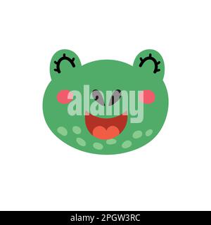 Cute frog face. Funny smiling toad character head. Hand drawn animal in cartoon style Stock Vector