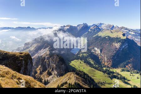 Panorama view from Hoher Kasten an the Alps peaks in Switzerland Stock Photo