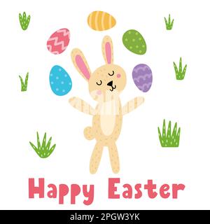 Happy Easter greeting card with a cute bunny juggling eggs. Springtime cute bunny print Stock Vector