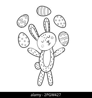 Easter bunny juggling eggs coloring page for kids. Cute springtime black and white background Stock Vector