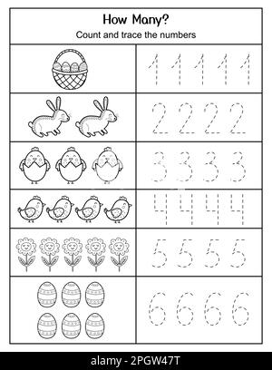 How Many count and trace the numbers Easter worksheet. Activity page Stock Vector