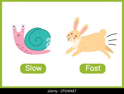 Slow and fast opposite adjectives educational wordcard. Flashcard with cute snail and rabbit Stock Vector